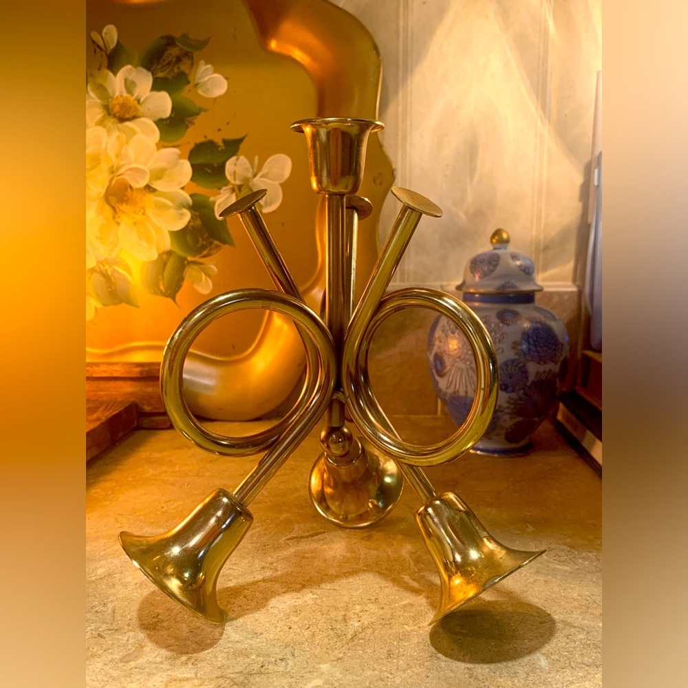 Vintage Brass Triple Horn Taper Candle Holder Bridgerton